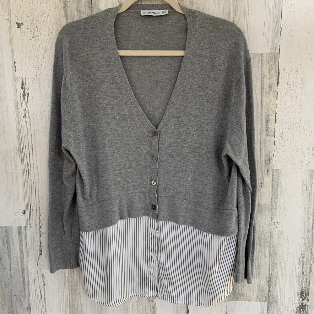 Gray V-Neck Button-Up Sweater with Striped Hem